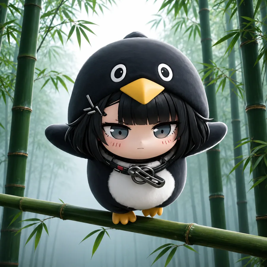 Penguin perched on a bamboo stalk in a misty forest