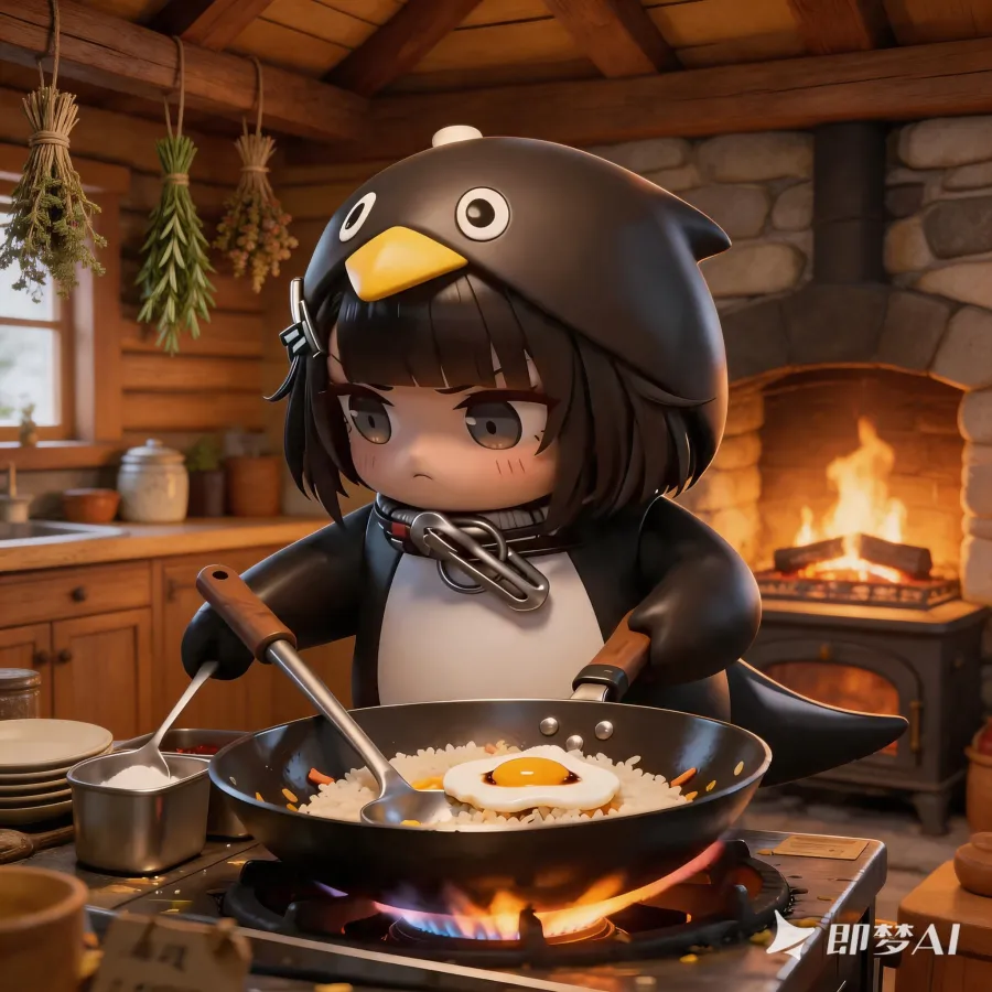 Penguin cooking egg fried rice in a wok